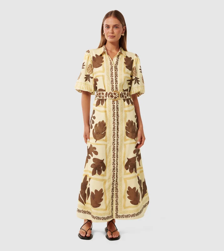 فورايفر نيو NORA Printed Linen Midi Shirt Dress
